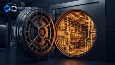 A modern bank vault door opening to reveal bitcoin banking adoption.