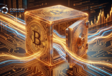 Digital currents flowing into a Bitcoin ETF vault, symbolizing Bitcoin ETF inflows.