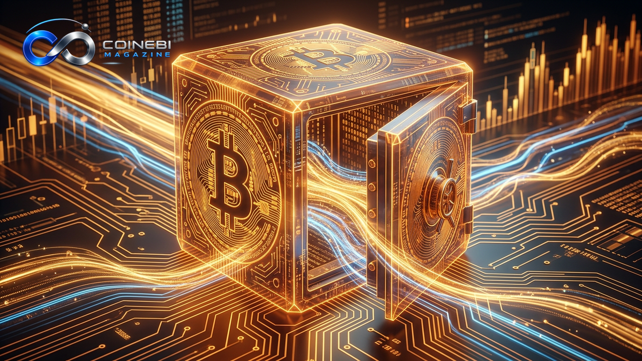 Digital currents flowing into a Bitcoin ETF vault, symbolizing Bitcoin ETF inflows.