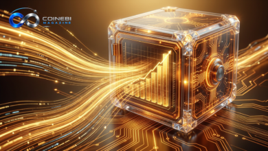 Golden light streams pouring into an amber vault, symbolizing historic Bitcoin ETF inflows.