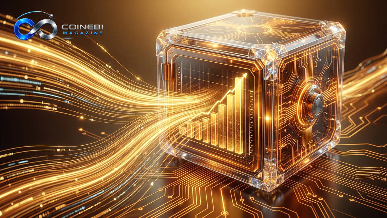Golden light streams pouring into an amber vault, symbolizing historic Bitcoin ETF inflows.