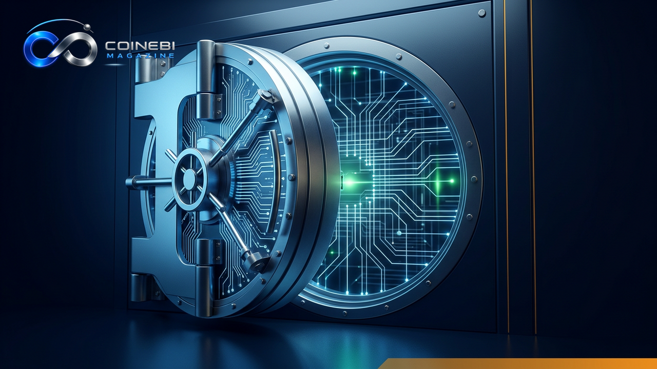Futuristic vault opening into Digital Securities Sandbox network