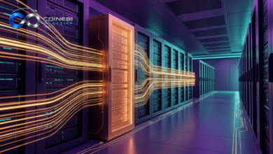 Server racks with purple-teal glow from a Hut 8 AI lease.