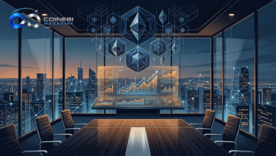 A holographic trading terminal showing accelerating institutional crypto adoption trends.