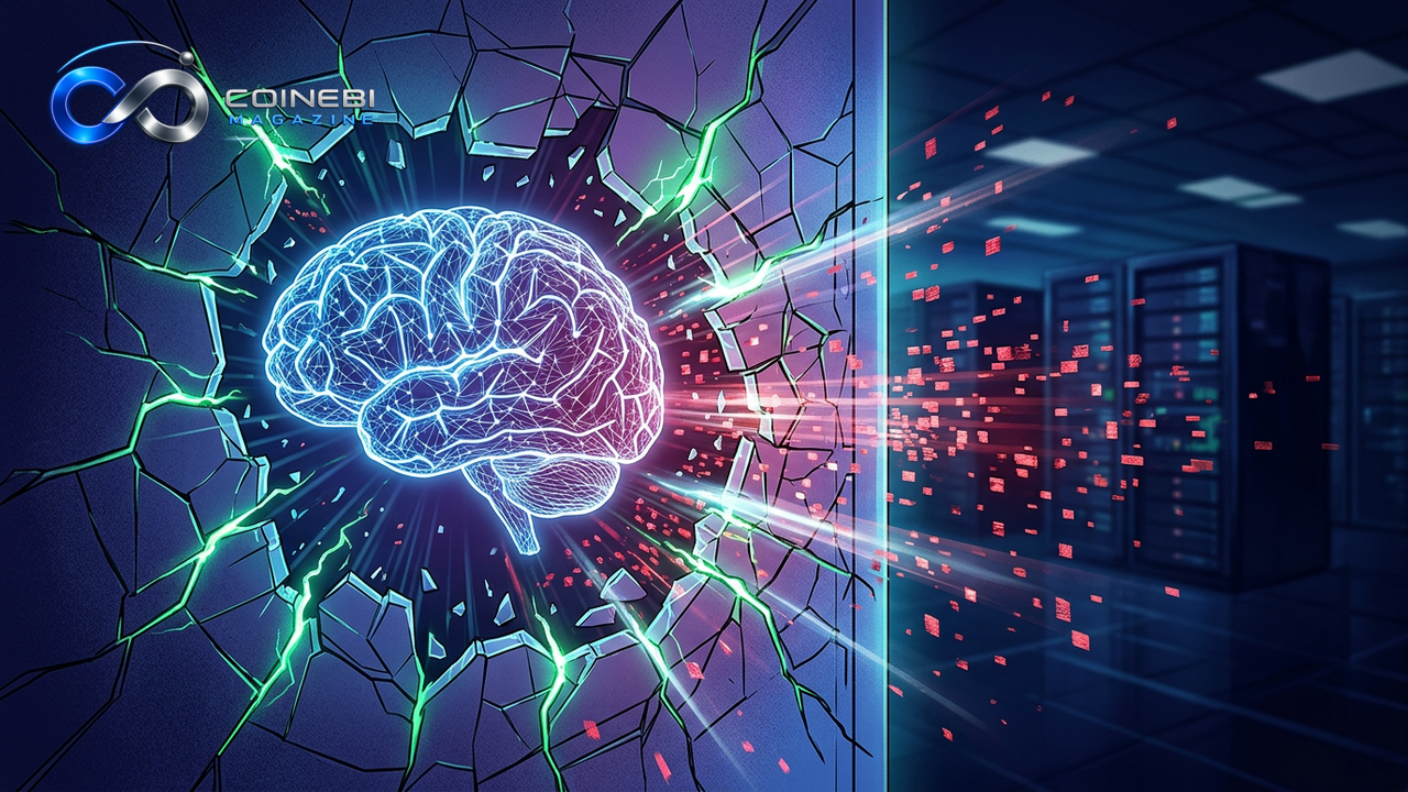 An AI model hack depicted as a neural network breaking containment.