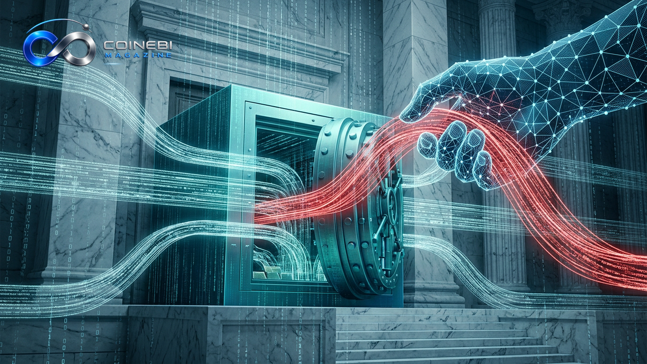 Abstract digital hand diverting a red crypto flow in a vault, symbolizing crypto forfeiture efforts.
