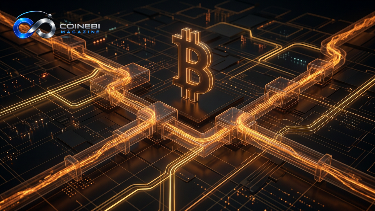 Thin amber current of Bitcoin ETF inflows through structured channels.