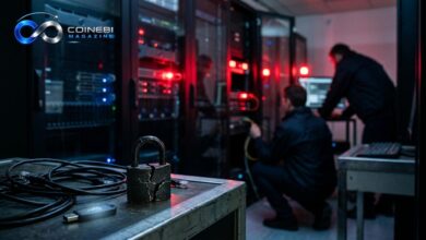 A secure digital vault showing security breach and North Korea crypto laundering