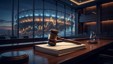 A gavel and financial charts representing prediction market regulation.