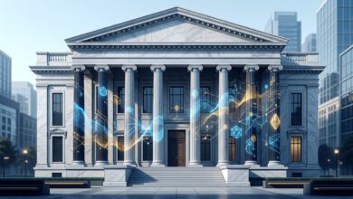 SEC crypto rule changes represented by blockchain graphics on a classical building.