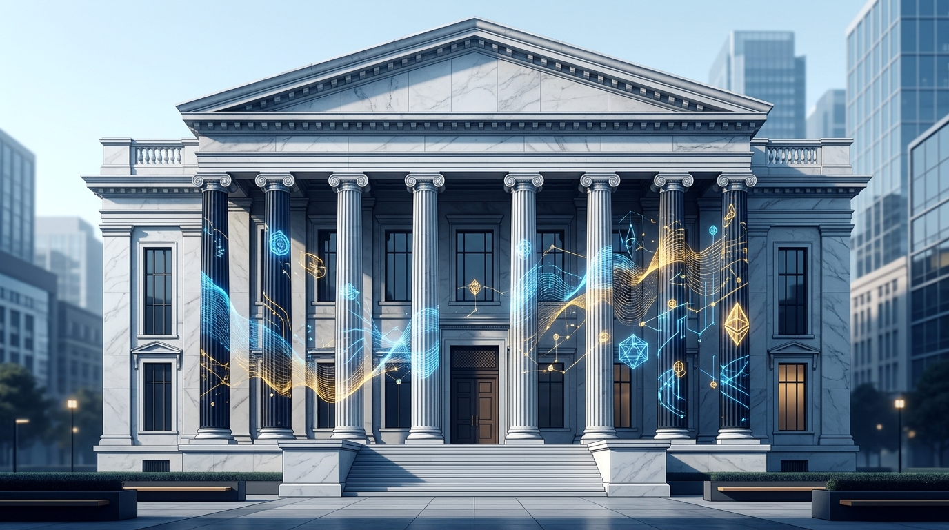 SEC crypto rule changes represented by blockchain graphics on a classical building.