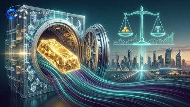Golden digital bar flowing into a city, representing Tether Gold recognition.