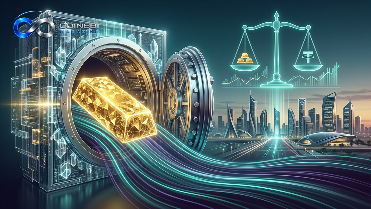 Golden digital bar flowing into a city, representing Tether Gold recognition.