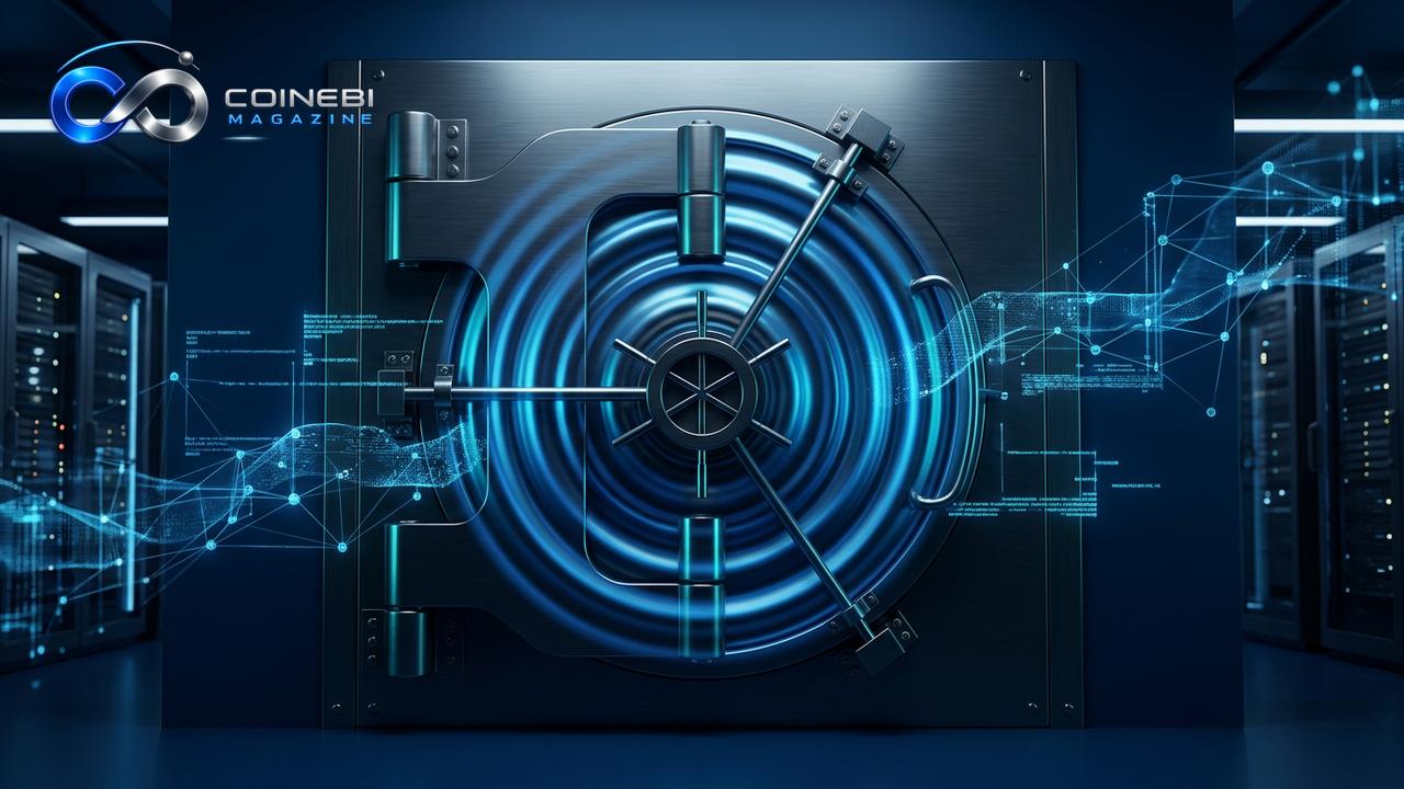 XRP ETF supply lockup visual metaphor showing a glowing blue secure vault.