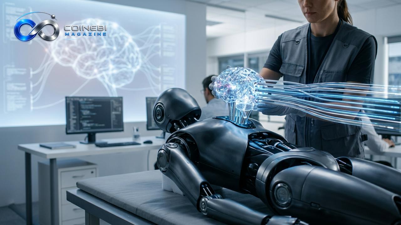 A futuristic glowing cybernetic core representing robot brains by 2027.