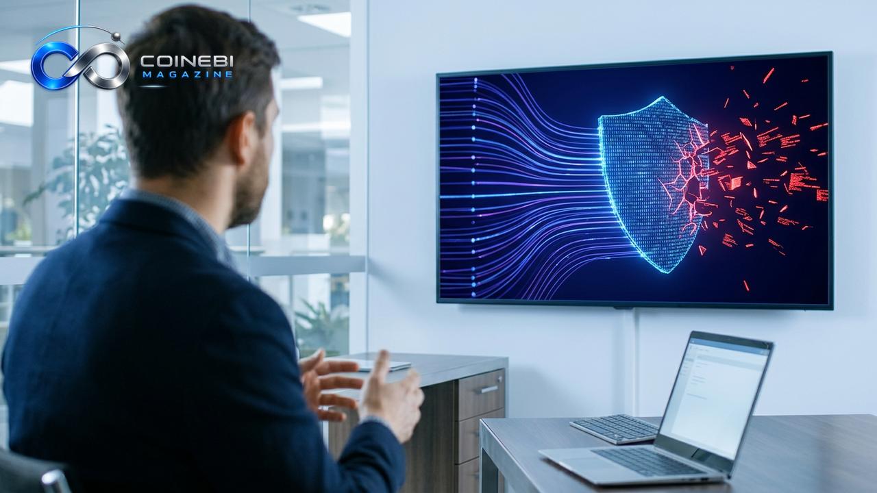 A digital shield representing AI-powered cybersecurity defense in action.