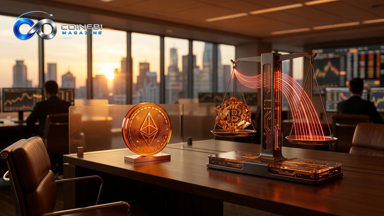 Bitcoin ETF inflows balancing seller pressure on a glowing digital scale.