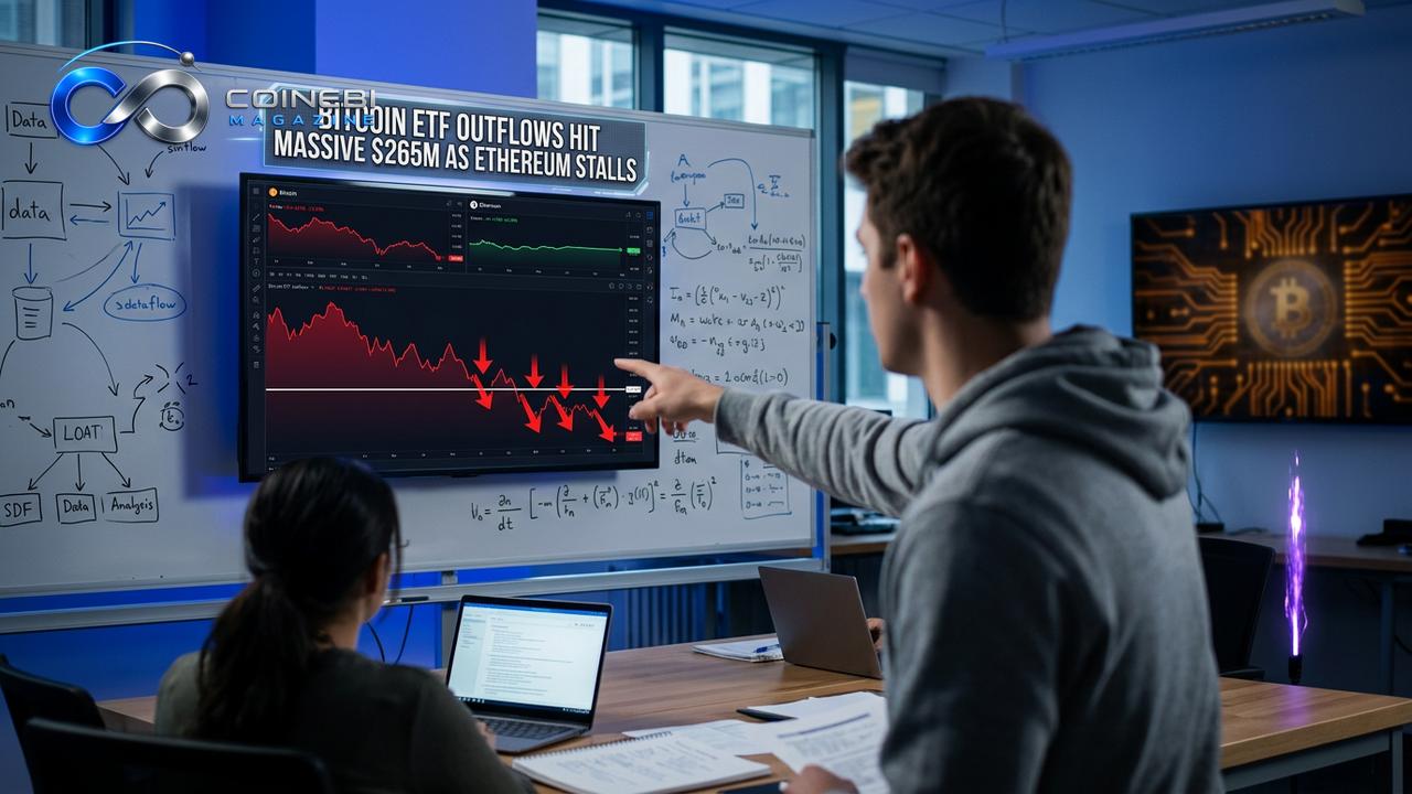A sharp downward market chart representing massive Bitcoin ETF outflows.