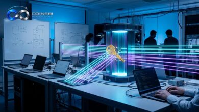 A visual representation of the blockchain quantum computing threat fracturing cryptography.