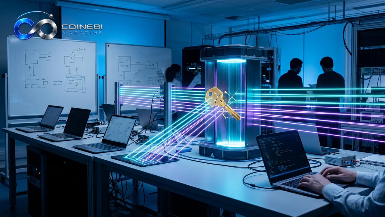 A visual representation of the blockchain quantum computing threat fracturing cryptography.