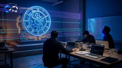 A frozen mechanical clock representing the crypto market stalemate.