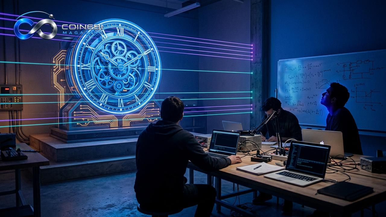 A frozen mechanical clock representing the crypto market stalemate.