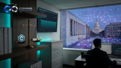 The CLARITY Act odds are displayed metaphorically by a scale and digital assets.