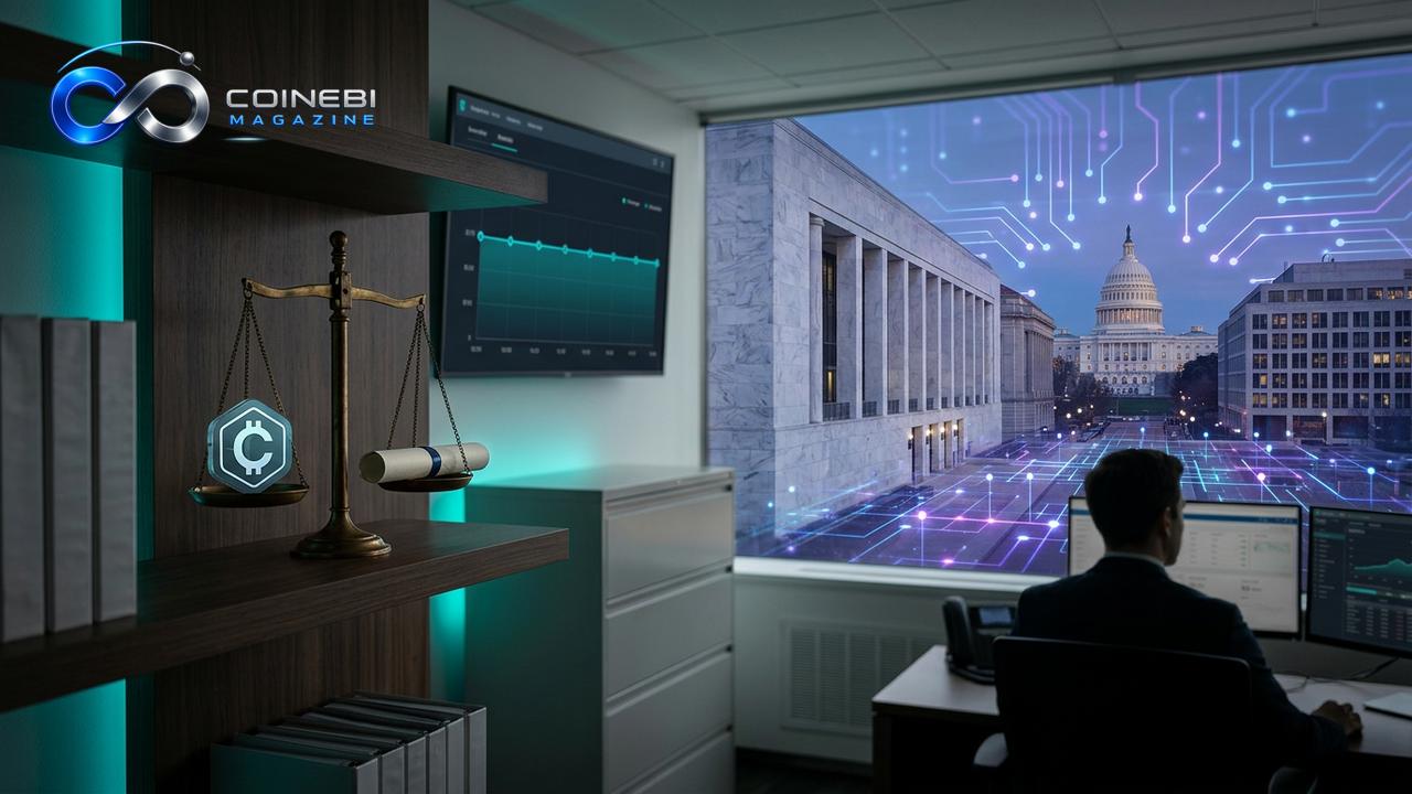 The CLARITY Act odds are displayed metaphorically by a scale and digital assets.