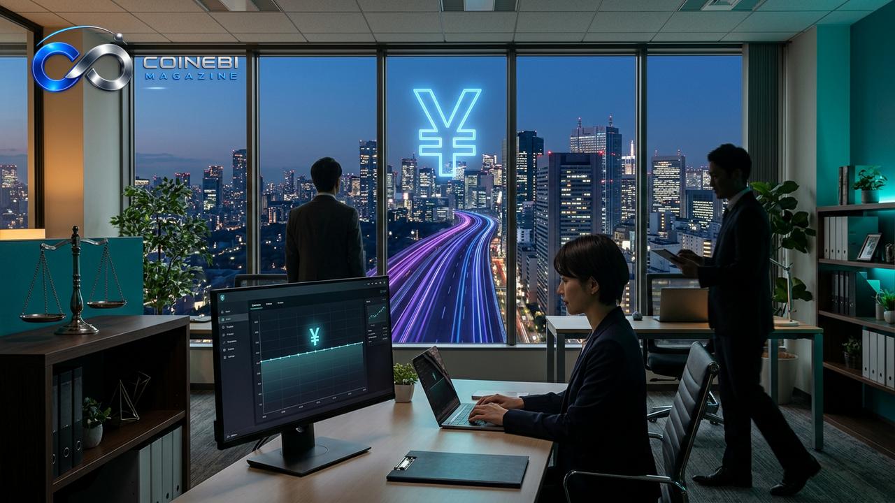 The JPYC yen stablecoin logo visualization glowing over Tokyo skyline.