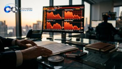 Wall Street trading desk reflecting massive unrealized Bitcoin losses on screens.