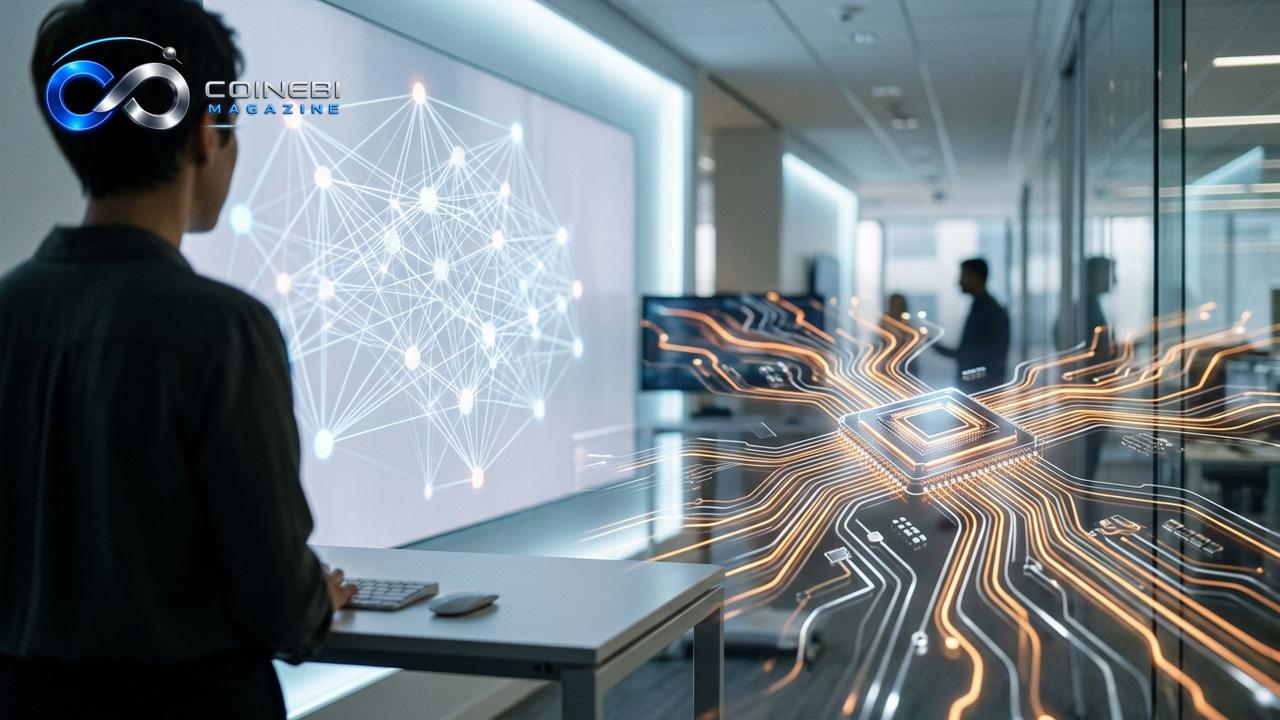 Advanced glowing computing hardware as Nvidia shares surge in value.