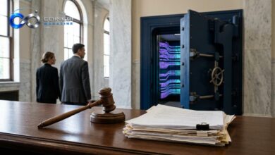 The terminated Polymarket banking relationship represented by a closing vault door.