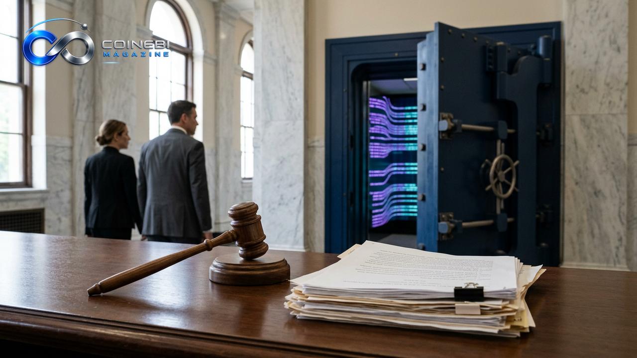 The terminated Polymarket banking relationship represented by a closing vault door.
