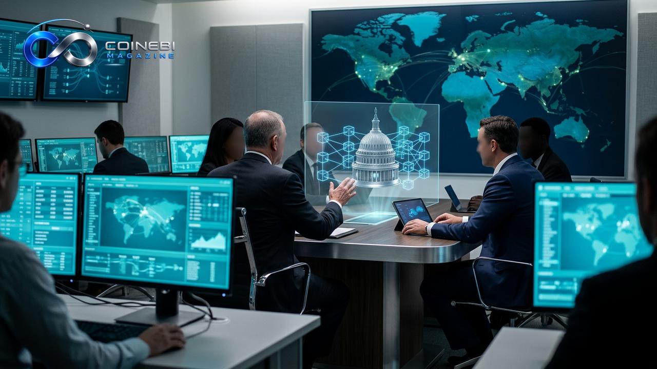 A holographic display of digital finance during a White House crypto meeting