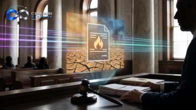A digital contract glowing over a dry landscape representing wildfire prediction markets.
