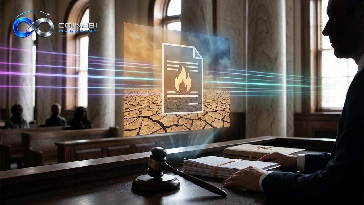 A digital contract glowing over a dry landscape representing wildfire prediction markets.