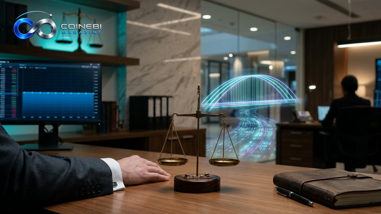 A glowing stablecoin bridge for banks connecting traditional finance to crypto.