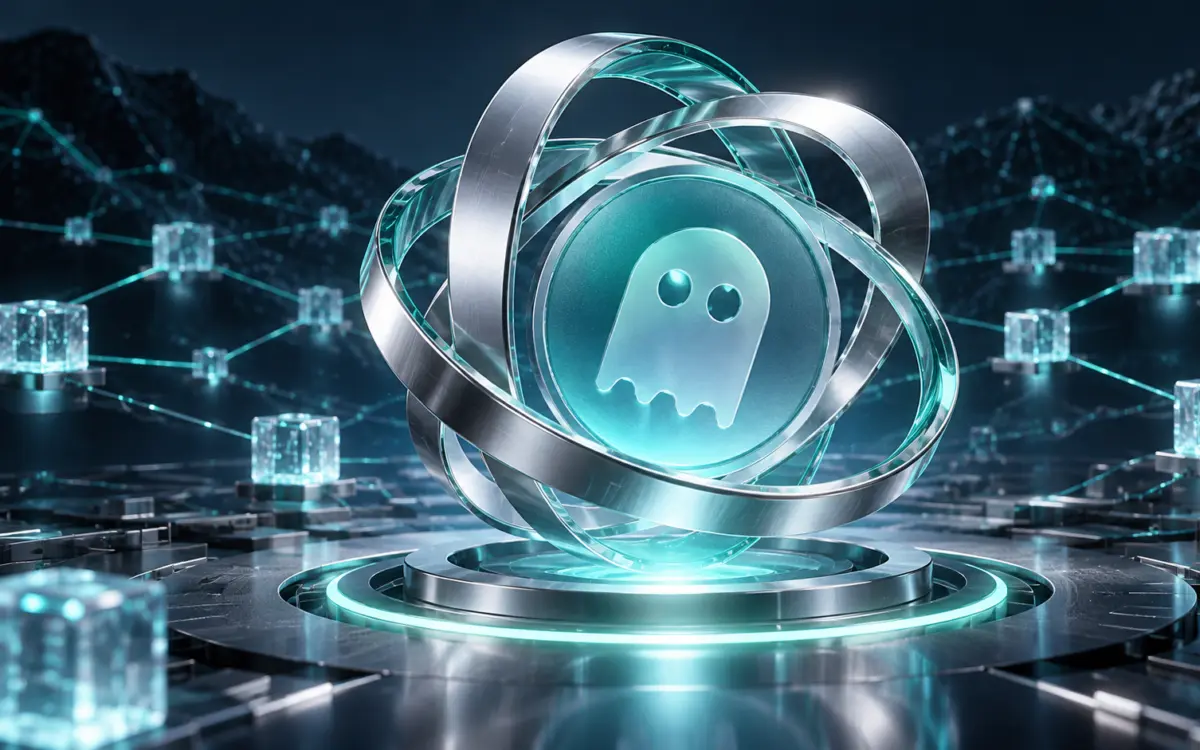 Abstract silver and teal Aave lending emblem over a blockchain network