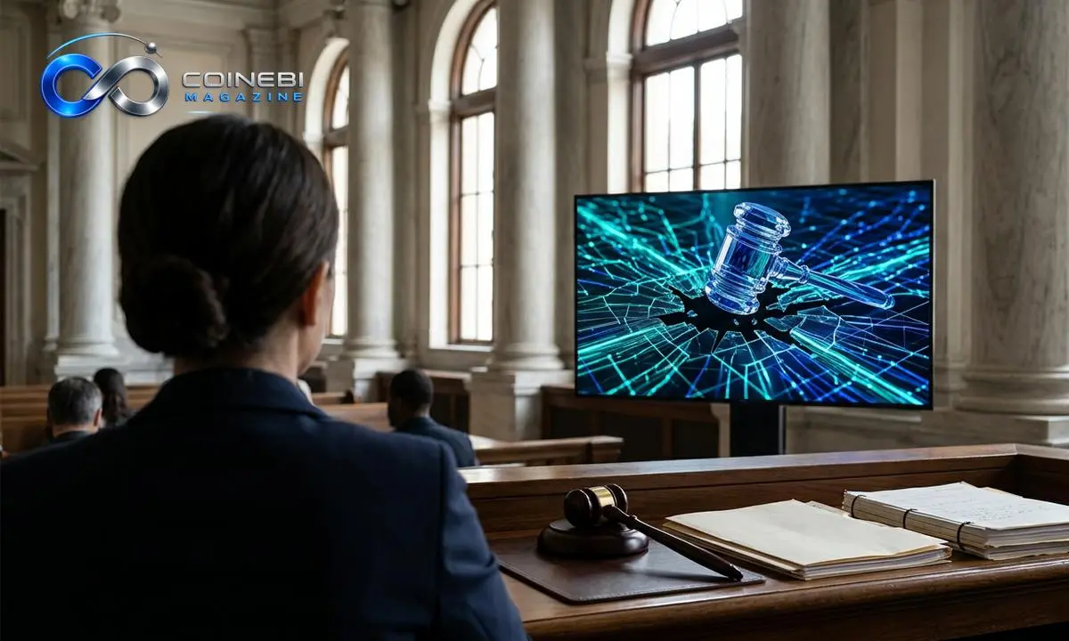 The Alex Mashinsky settlement visual metaphor showing a glowing blue gavel striking.