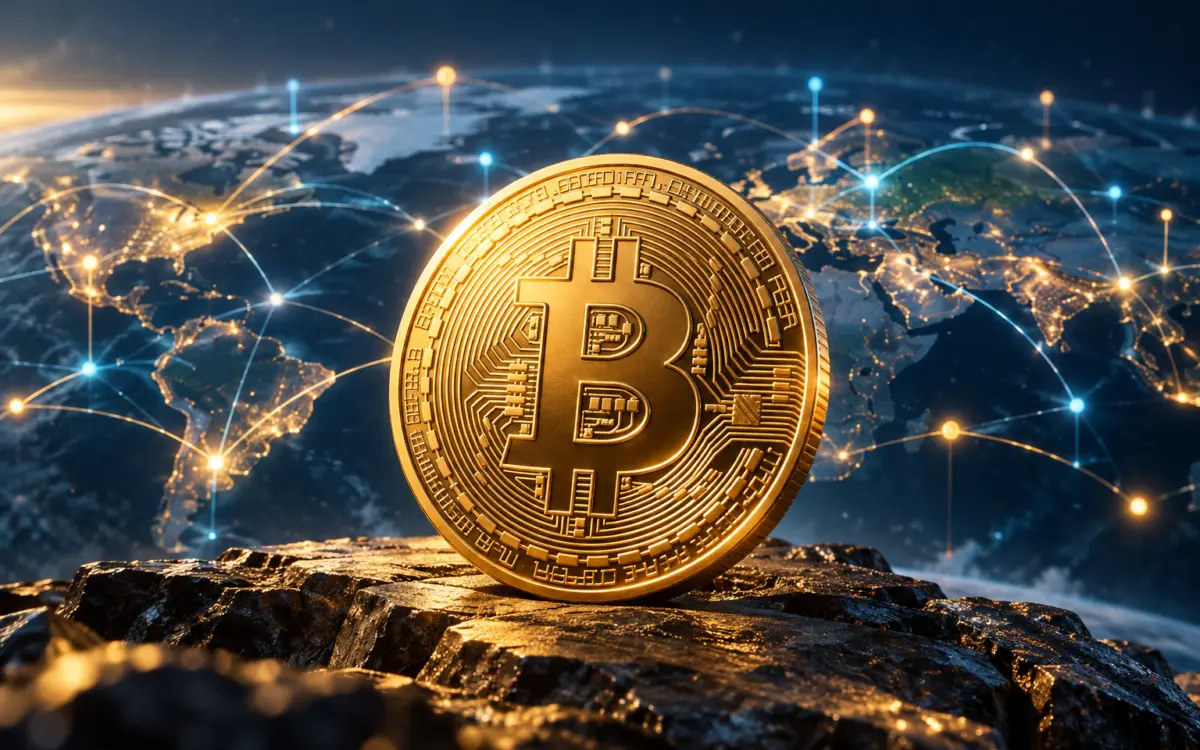 Gold Bitcoin coin over a glowing blockchain network