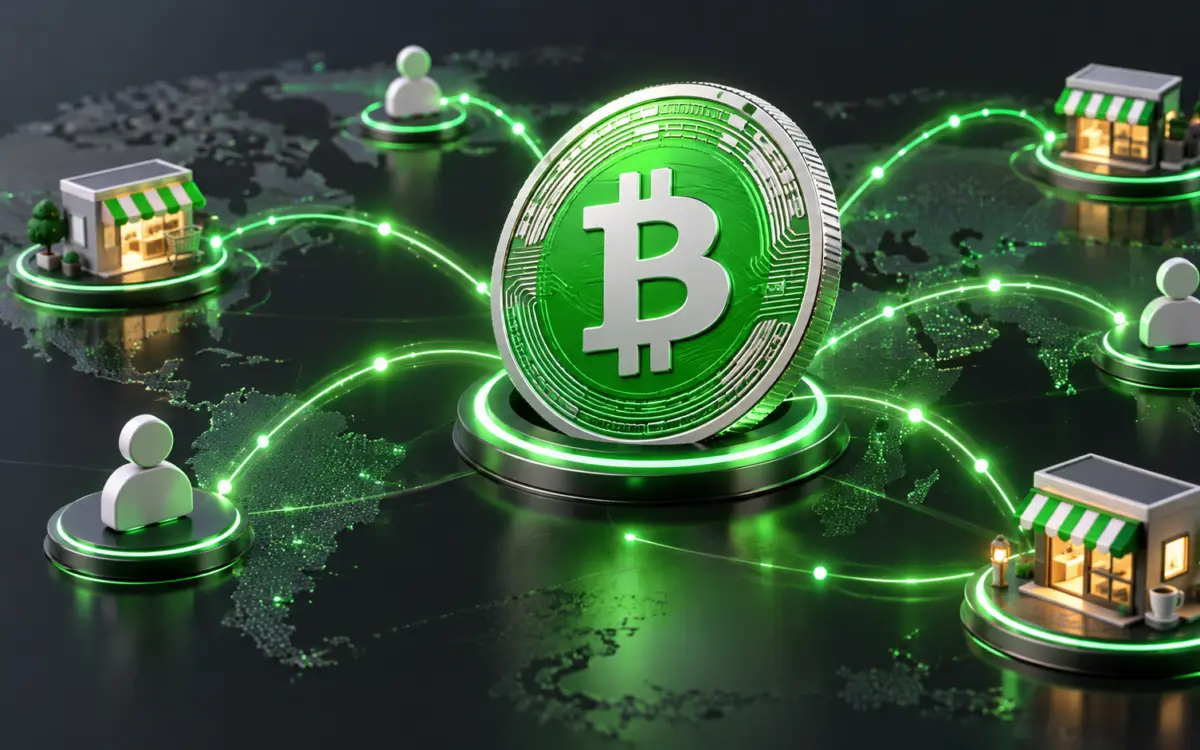 Green and silver Bitcoin Cash coin connected to local merchants on a payment network