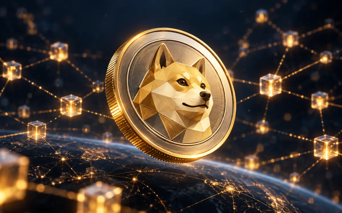 Gold Dogecoin coin with a Shiba Inu emblem above a glowing blockchain network