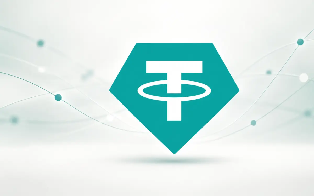 Tether USDT emblem on a clean teal and white background